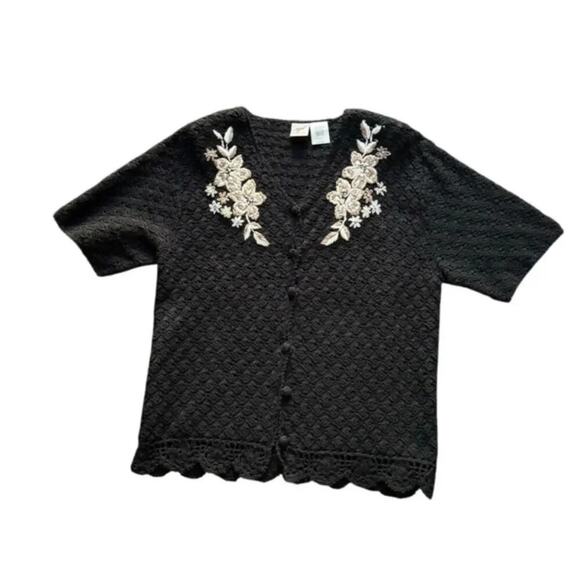 Vintage AGW Division of Graff Black Open Knit Cardigan XL Floral Embroidered - Picture 3 of 11